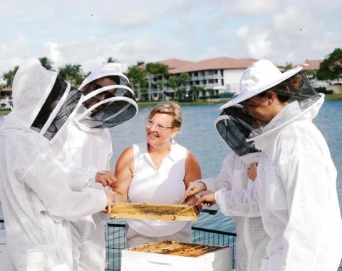 a group of people doing beekeeping