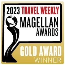 2023 Travel Weekly Magellan Awards Gold Award Winner Text with Globe award